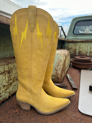Thunder Road Yellow Suede Lightning Bolt Leather Boots (DS) ~ BACKORDER 12/25/23
