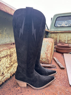 Thunder Road Black Suede Lightning Bolt Leather Boots (DS) - BACKORDER JULY 2024