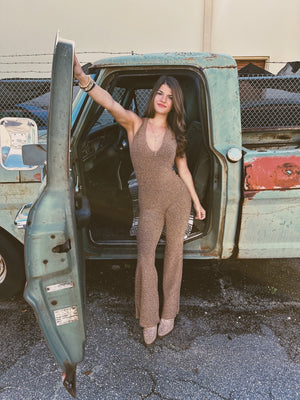 Gold Dust Woman Metallic Flare Leg Jumpsuit