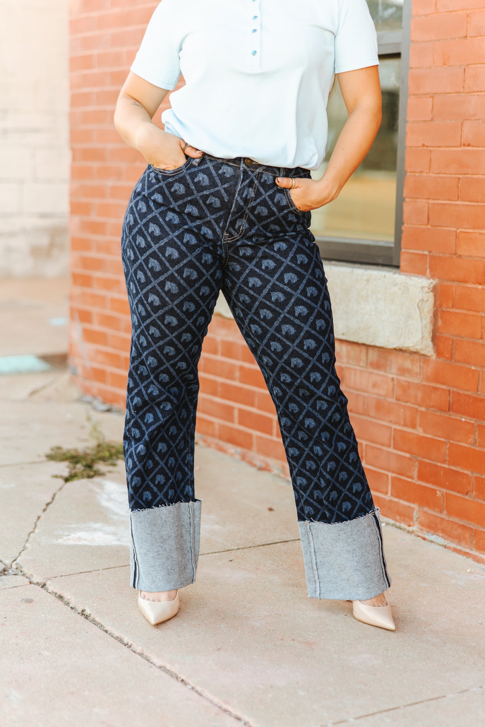 Take The Reins Horse Printed Cuffed High Rise Jeans