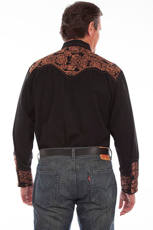 Scully Men's Black & Tan Floral Tooled Embroidery Button Shirt (DS)