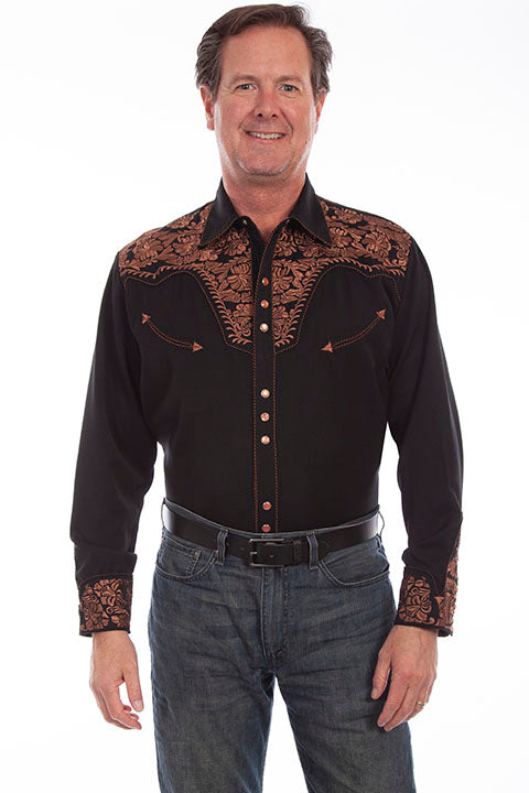 Scully Men's Black & Tan Floral Tooled Embroidery Button Shirt (DS)