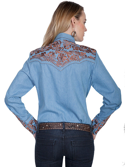 Smoky Mountain Rain Embroidered Floral Pearl Snap Button Up Blouse (DS)