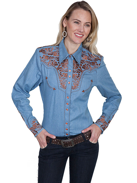 Smoky Mountain Rain Embroidered Floral Pearl Snap Button Up Blouse (DS)