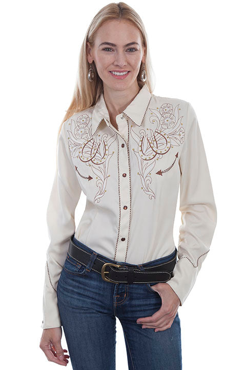 Dixieland Delight Rhinestone Horseshoe Pearl Snap Button Up Blouse (DS)