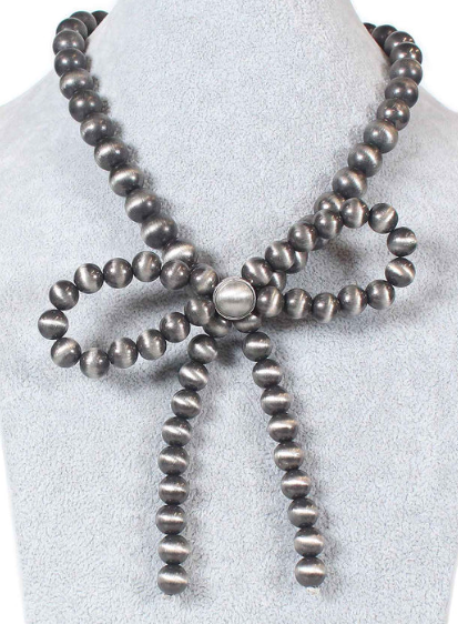 Metallic Silver Pearl Beaded Bow Tie Necklace