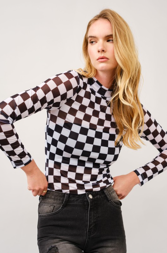 Check Her Out Checker Print Mesh Top