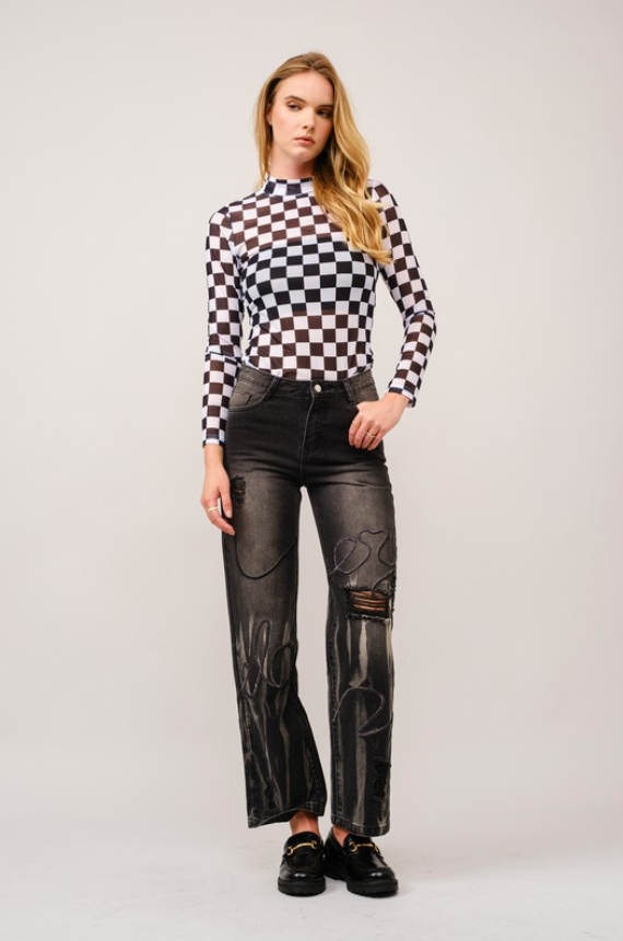 Check Her Out Checker Print Mesh Top