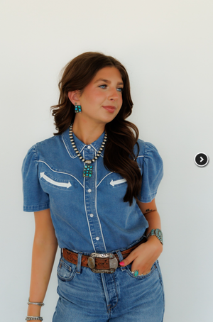 Denim Doll Short Sleeve Denim Button Up Top