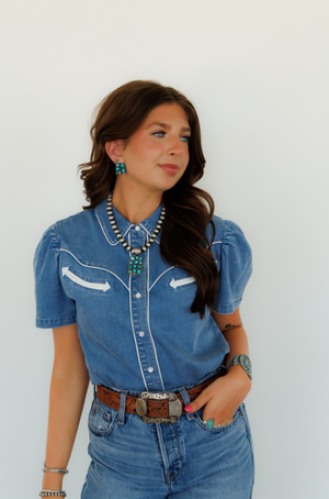 Denim Doll Short Sleeve Denim Button Up Top