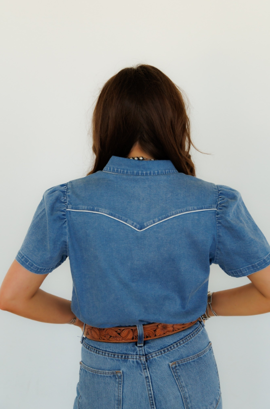 Denim Doll Short Sleeve Denim Button Up Top