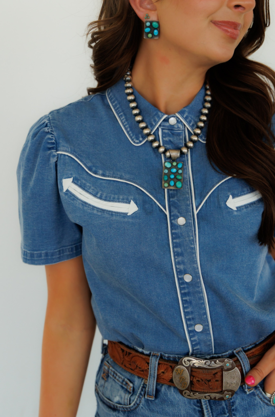 Denim Doll Short Sleeve Denim Button Up Top