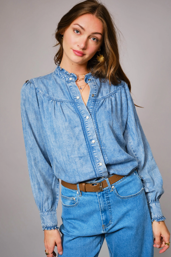She Wore Blue Ruffle Denim Button Up Top