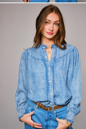 She Wore Blue Ruffle Denim Button Up Top