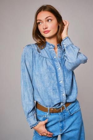 She Wore Blue Ruffle Denim Button Up Top