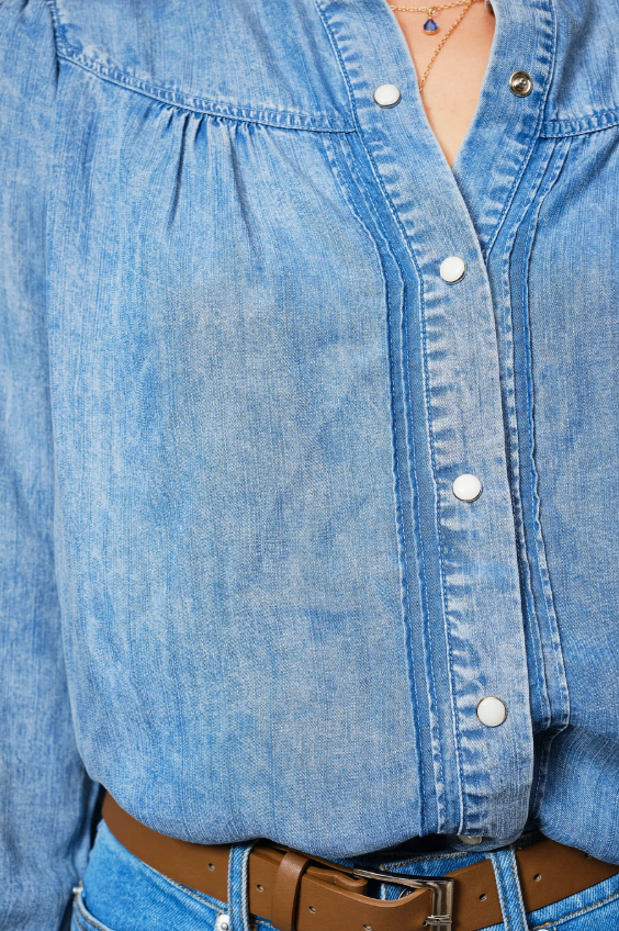 She Wore Blue Ruffle Denim Button Up Top