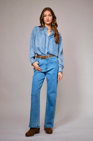 She Wore Blue Ruffle Denim Button Up Top