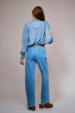 She Wore Blue Ruffle Denim Button Up Top
