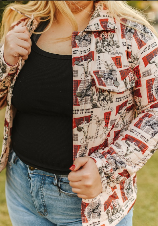 Keep It Wild Western Collage Printed Quilted Jacket
