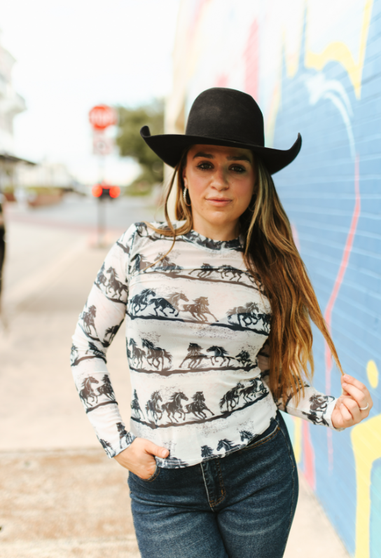 Running Wild Horse Printed Stretch Mesh Long Sleeve Top