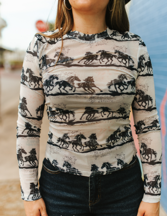 Running Wild Horse Printed Stretch Mesh Long Sleeve Top