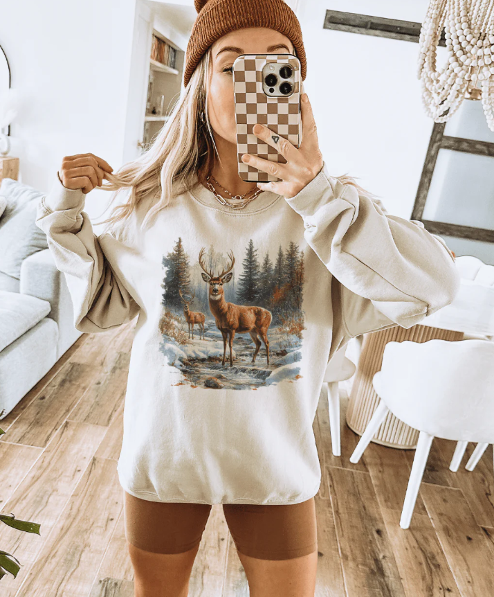 Retro Deer Scene Tee Or Sweatshirt (made 2 order) LC