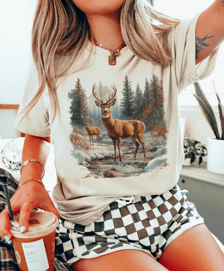 Retro Deer Scene Tee Or Sweatshirt (made 2 order) LC