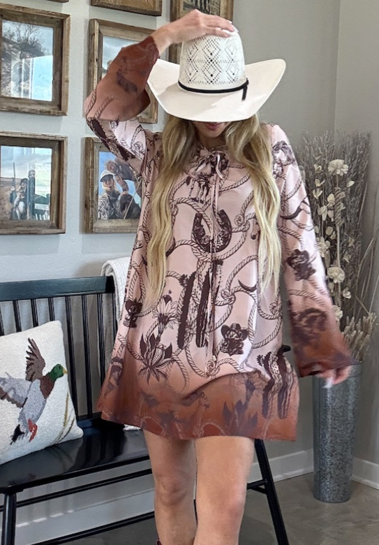 western style mini dress Cowgirl Dreams Western Print Open Back Mini Dress