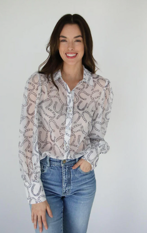 Cowgirl Charm Sheer Chiffon Horseshoe Print Blouse
