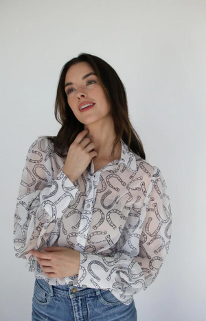Cowgirl Charm Sheer Chiffon Horseshoe Print Blouse