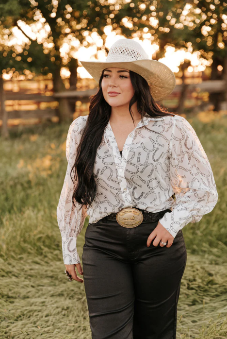 Cowgirl Charm Sheer Chiffon Horseshoe Print Blouse