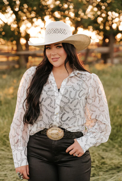 Cowgirl Charm Sheer Chiffon Horseshoe Print Blouse