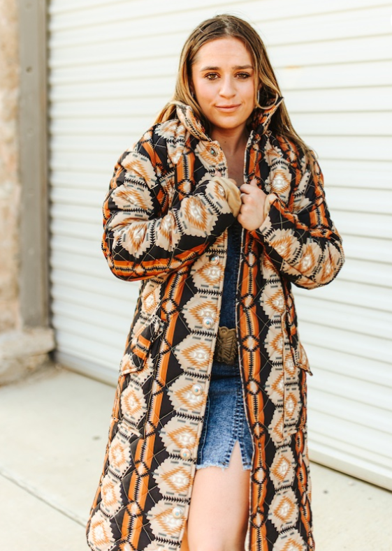 Prairie Fire Aztec Printed Long Quilted Jacket