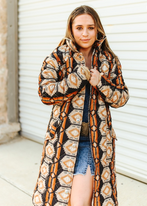 Prairie Fire Aztec Printed Long Quilted Jacket
