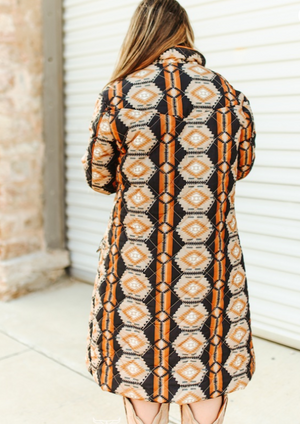 Prairie Fire Aztec Printed Long Quilted Jacket
