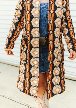 Prairie Fire Aztec Printed Long Quilted Jacket