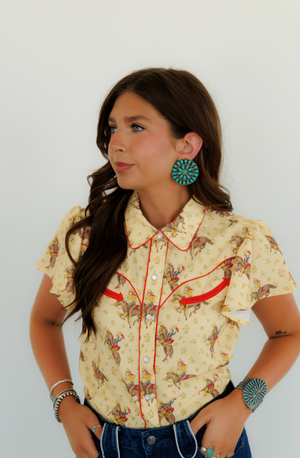 Prairie Pony Short Flutter Sleeve Button Up Blouse