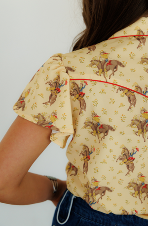 Prairie Pony Short Flutter Sleeve Button Up Blouse