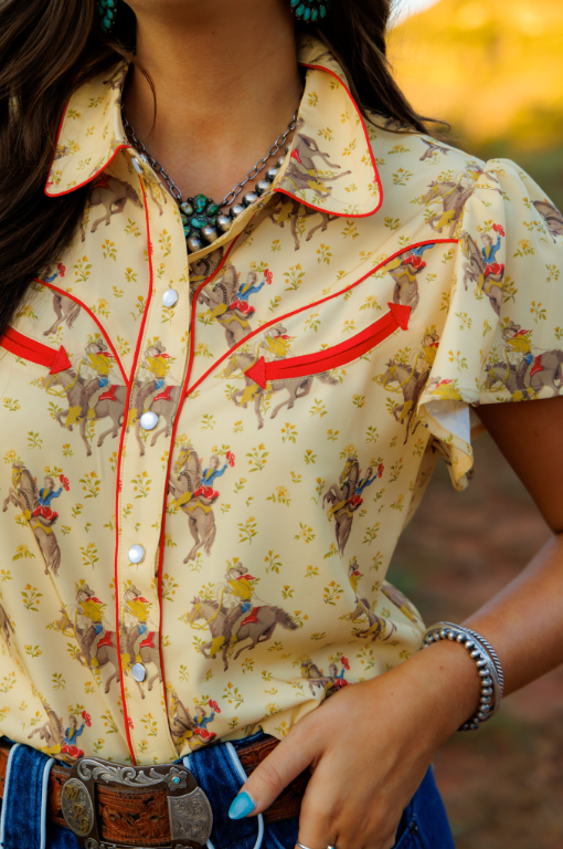 Prairie Pony Short Flutter Sleeve Button Up Blouse
