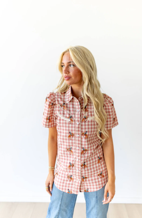 Pink Pony Gingham Pearl Snap Western Blouse