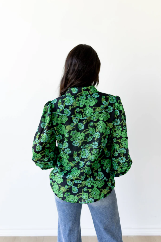 Green Pastures Green Floral Yoke Puff Sleeve Blouse - PREORDER 2/4