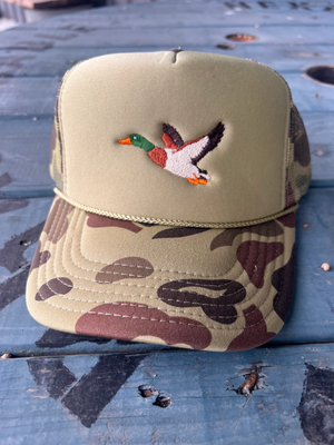 Mallard Duck Embroidery - Camo & Olive Trucker Hat (made to order) LC