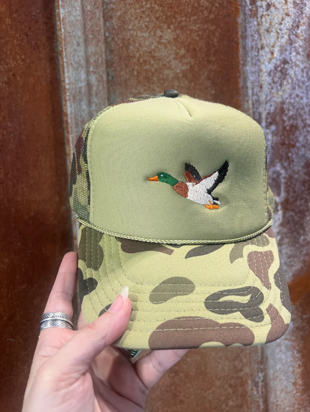 Mallard Duck Embroidery - Camo & Olive Trucker Hat (made to order) LC