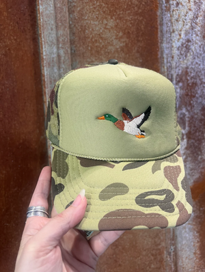 Mallard Duck Embroidery - Camo & Olive Trucker Hat (made to order) LC