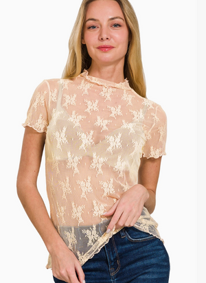 Lace Up Floral Lace Short Sleeve Shirt