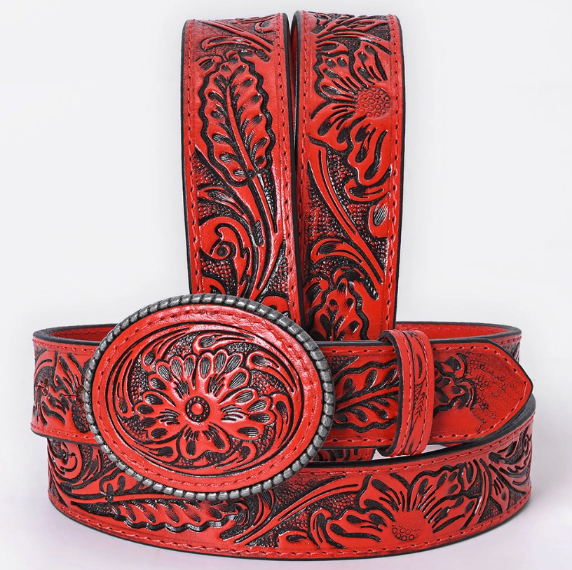 Red Sun Tooled Floral Western Leather Belt w/ Oval Buckle
