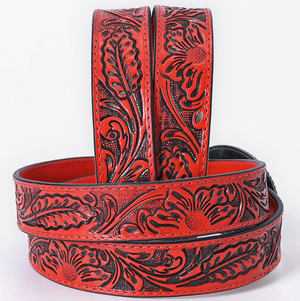 Red Sun Tooled Floral Western Leather Belt w/ Oval Buckle