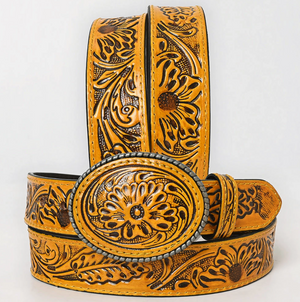 Red Sun Tooled Floral Western Leather Belt w/ Oval Buckle