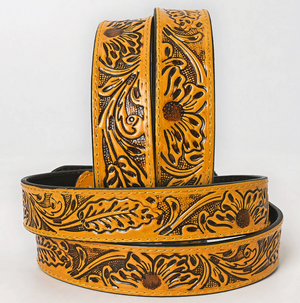 Red Sun Tooled Floral Western Leather Belt w/ Oval Buckle