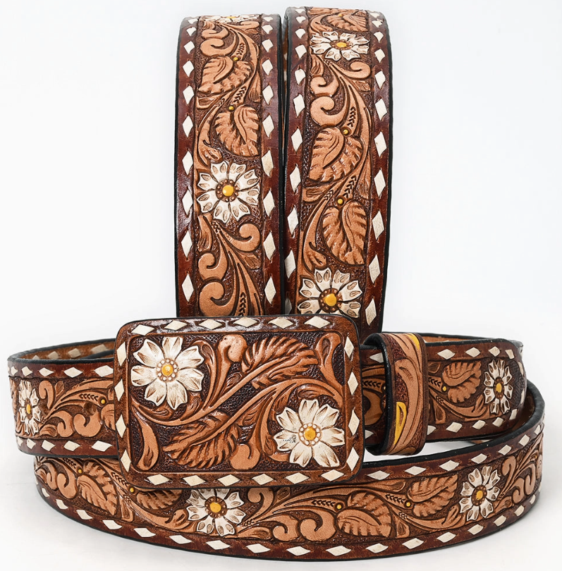 Sweet Daisy Tooled Leather Belts w/ Rectangle Buckle